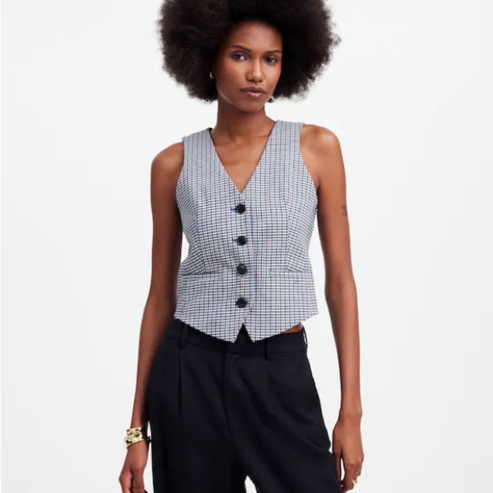 Madewell Navy & White Gingham Button-Front Vest